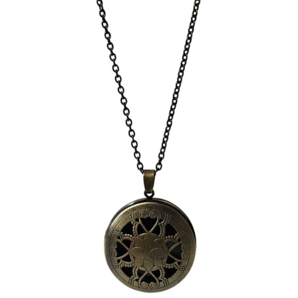 Vintage Bronze Round Locket Necklace Intricate Filigree Design